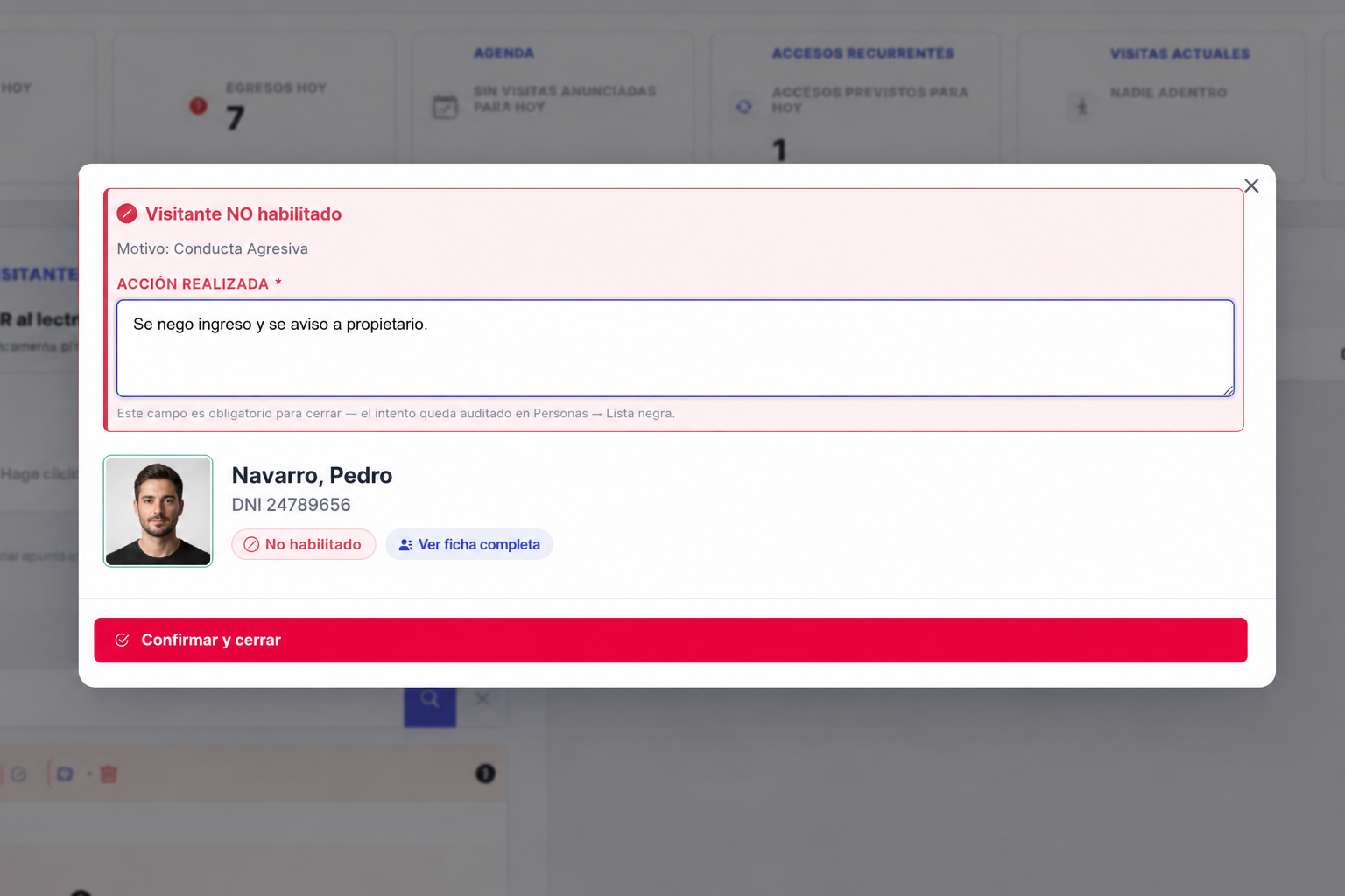 Alerta de visitante no habilitado, con comentario obligatorio auditado en Lista negra