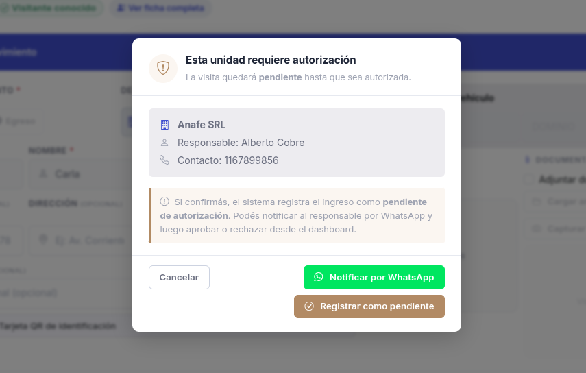 Modal del sistema indicando que la unidad requiere autorización