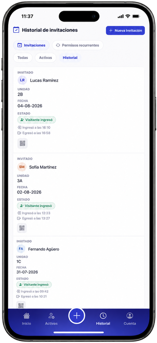Portal de Anfitriones: historial de invitaciones desde la app móvil
