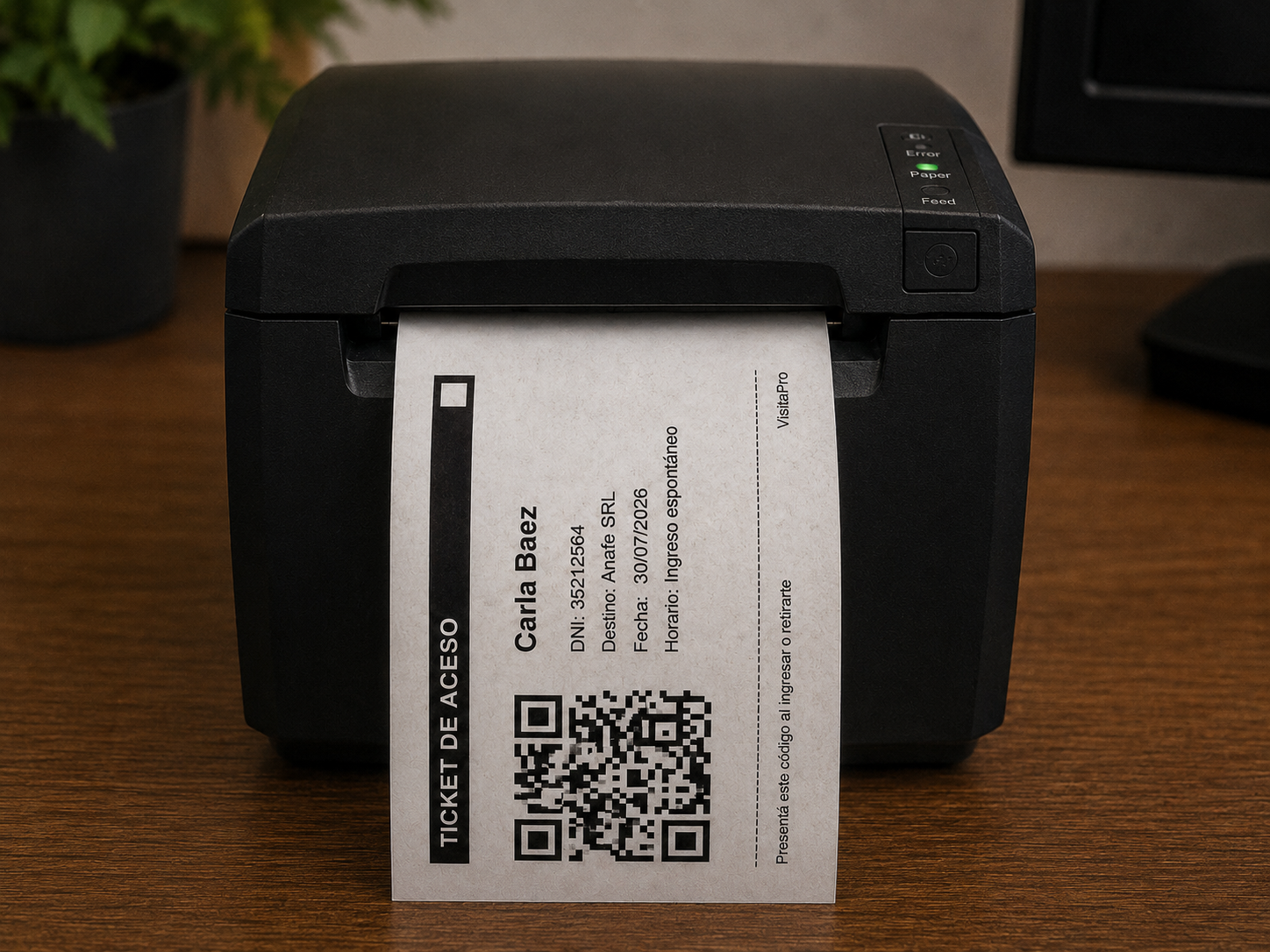 Ticket de acceso QR impreso en una impresora térmica